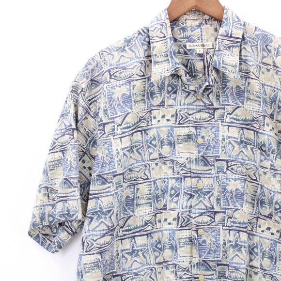 Vintage Burma Bibas Hawaiian Shirt Mens Blue Button Down Fishes Pattern Large L - Picture 3 of 9
